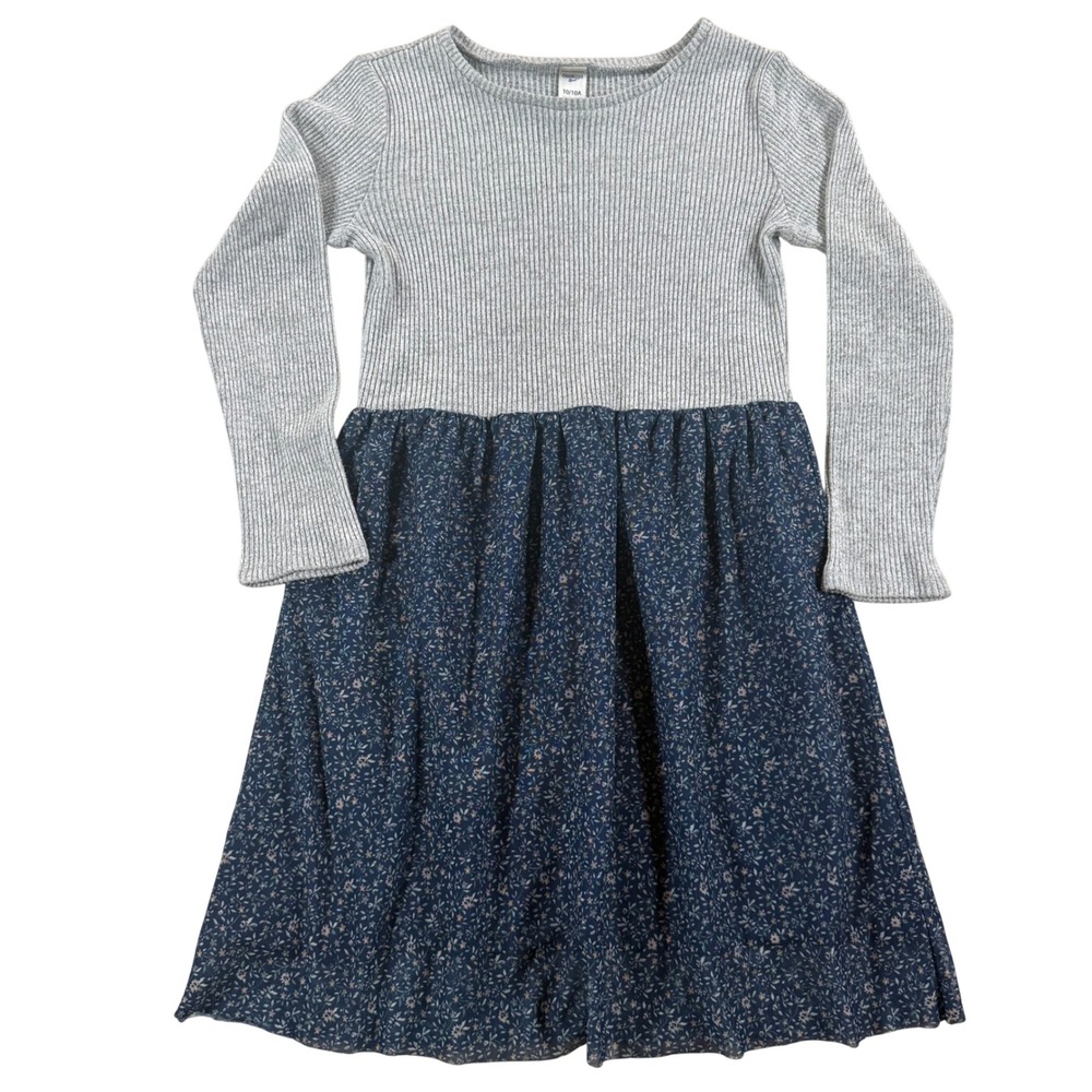 OshKosh Bgosh Girls Grey Ribbed Knit Navy Floral Long Sleeve Dress Size 10 10A